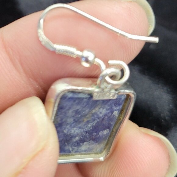 Vintage SI 925 Silver & Sodalite Drop Earrings Rectangular Estate Hook Earwires - Picture 5 of 10